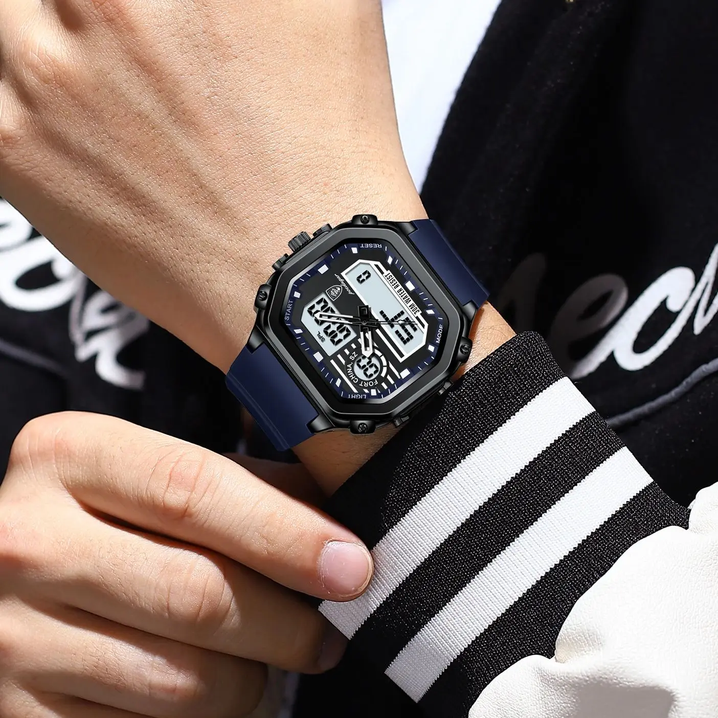 POEDAGAR LED กีฬาผู้ชายนาฬิกาจอแสดงผลแบบ Dual ดิจิตอลสัปดาห์วันที่ Square Man นาฬิกาสายซิลิโคนอิเล็กทรอนิกส์ผู้ชายนาฬิกาควอตซ์