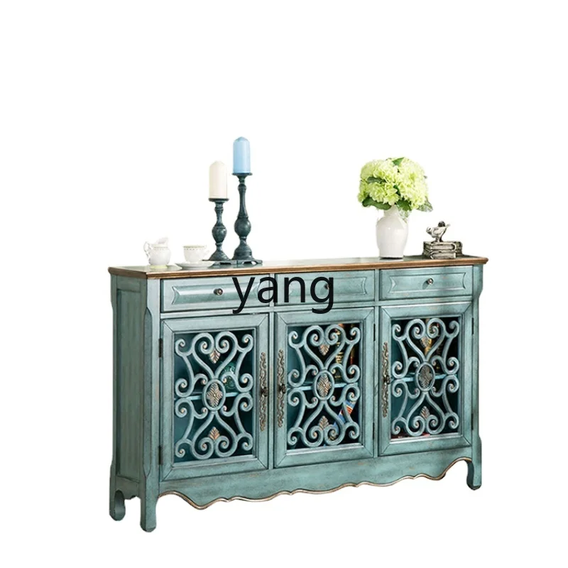 LMM Entrance Cabinet Mediterranean Style Storage Side Cabinet Solid Wood Retro Integrated Sideboard Cabinet