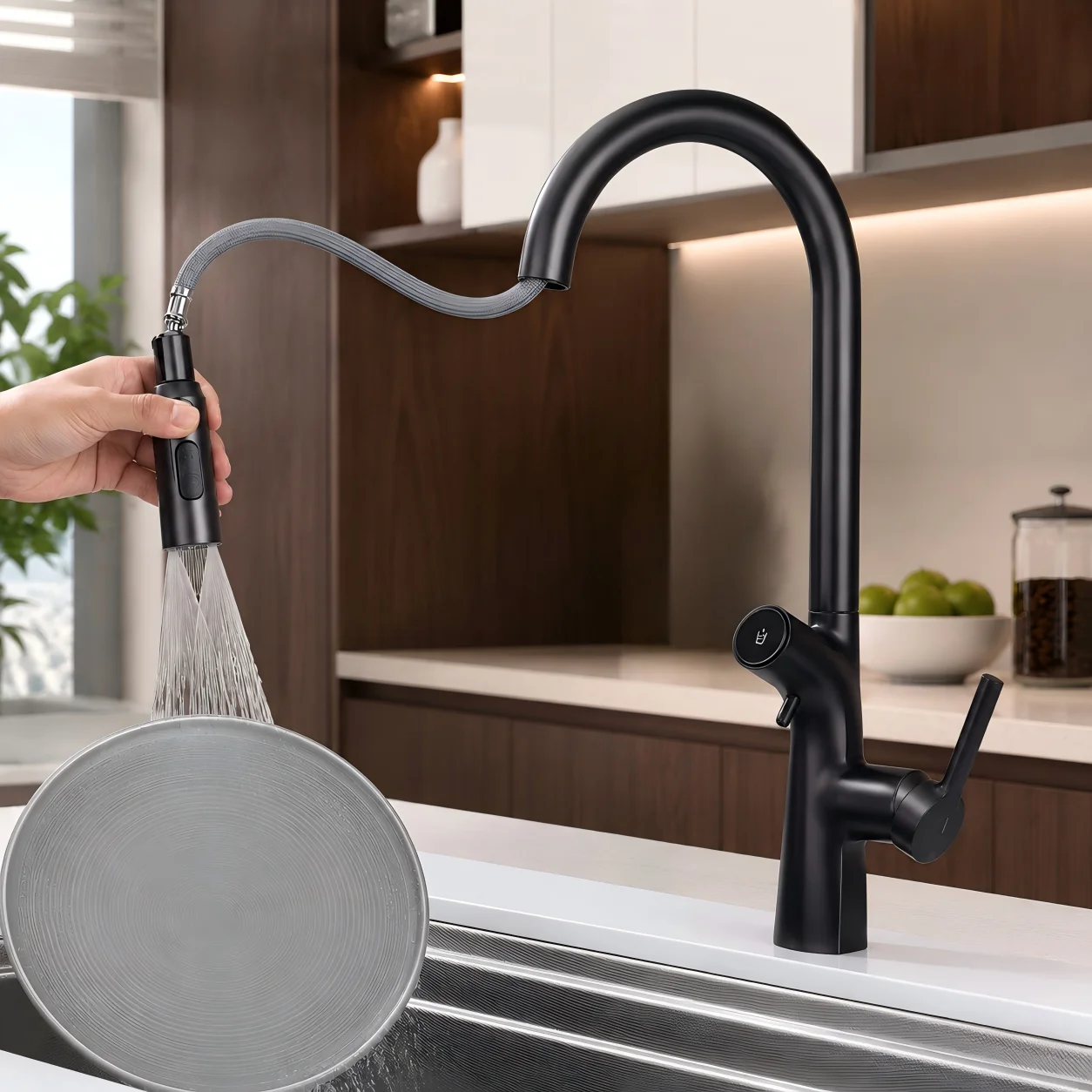 brushed gold, 3-in-1, brass, kitchen faucet, dual spout, pure drinking water tap, pull out, mixer, splash-proof, hot cold, sink
