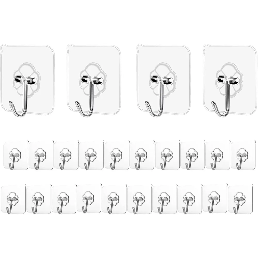 

Heavy Duty Transparent Adhesive Wall Hooks 24 Pack Waterproof 24lb Nail Free Stainless Utility Hangers for Kitchen Bathroom