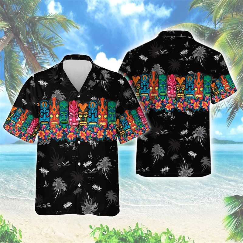 Hip Hop Hawaiian Tiki Mask 3D Printed Beach Shirt Harajuku Fashion Shirts For Men Clothes Polynesia God Short Sleeve Aloha Tops