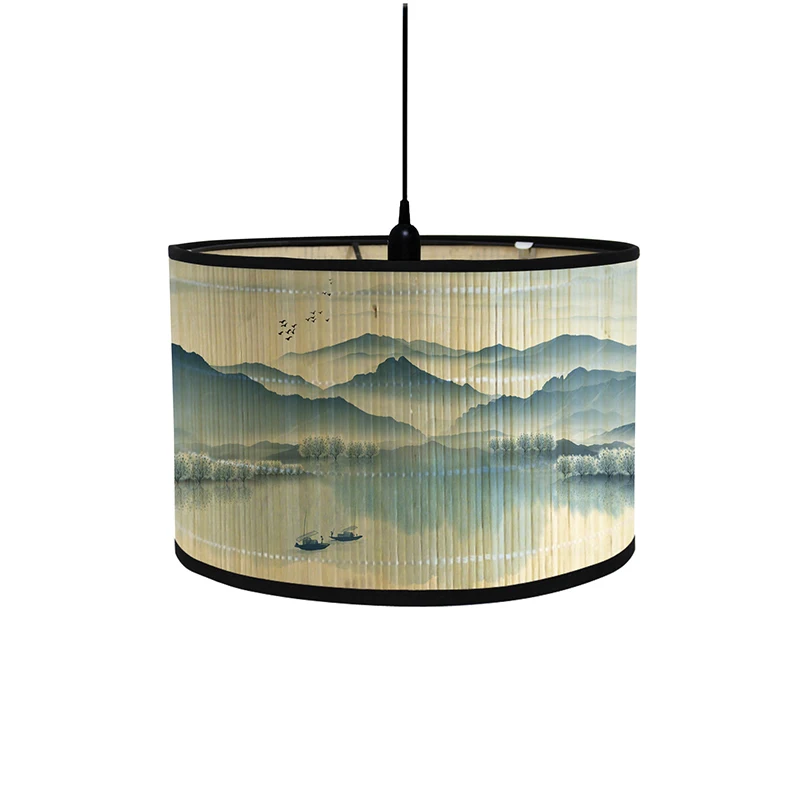 Japanese Style Landscape Painting Lamp Shade Bamboo Braided Light Cover Chandelier Wall Lamp Lampshades Bamboo Art Light Shade