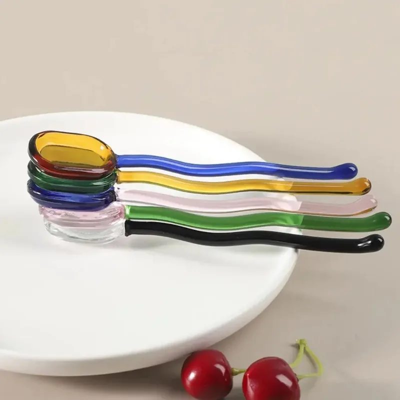 1pc Glass Dessert Spoon Solid Color High Temperature Resistant Spoon Creative Long Spiral Handle Juice Coffee Stirring Spoon