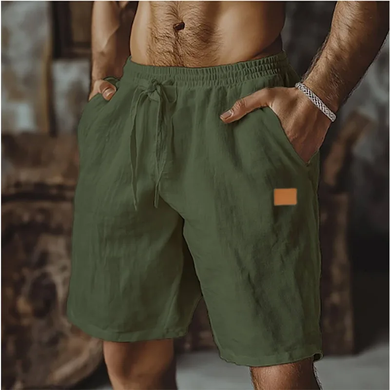 Linen Shorts Drawstring Elastic Waist Straight Legs Solid Color Breathable Daily Beach Five-point Casual Pants