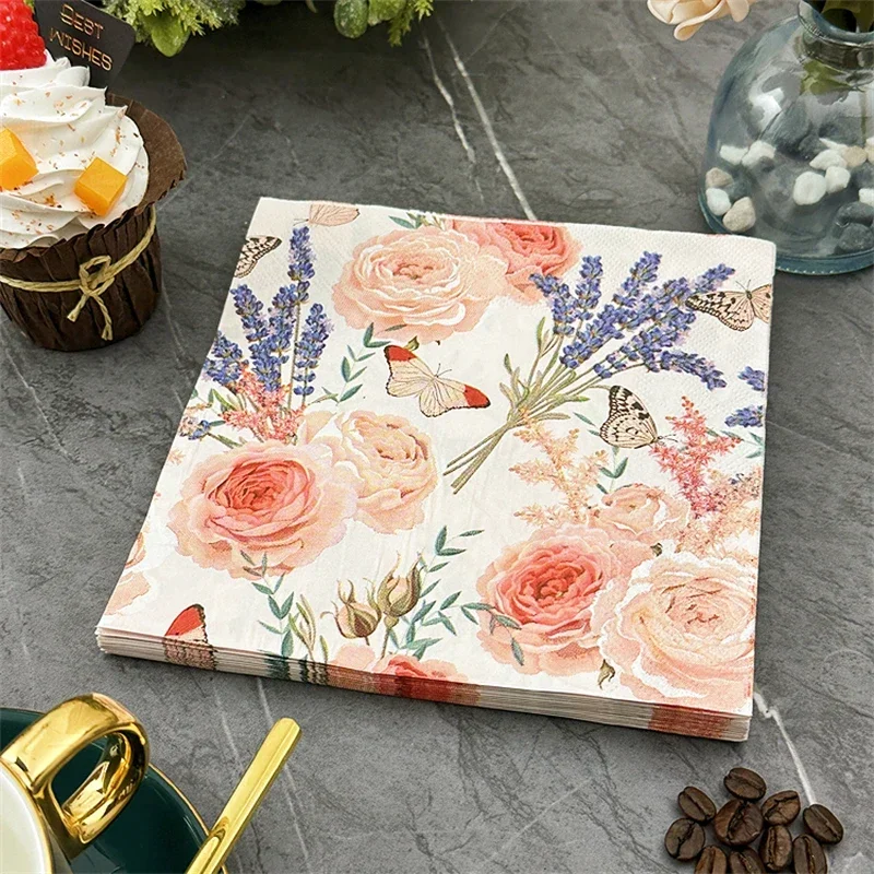 Restaurant Upscale Colourful Printed Paper Napkin Napkin Household Dining Table Mouth Cloth 33cm Pink Floral Facial Tissue Paper