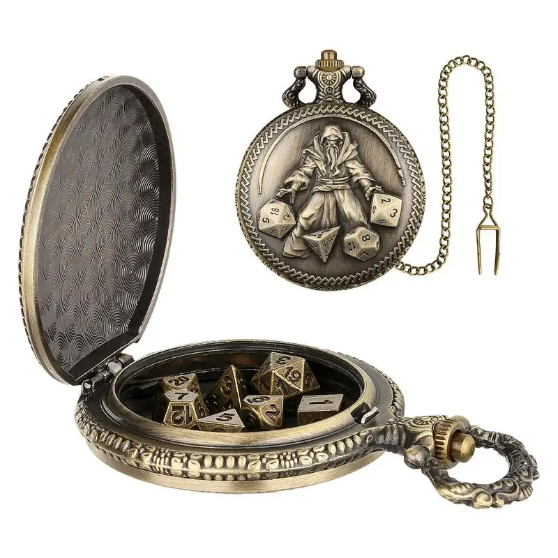 

Dice Set With Pocket Watch Shell 7X Small Polyhedral Metal Dice Set Multi-Sided Small Game Dices Set For Travel Toys Role