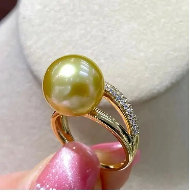 

New AAAAA 11-10mm Authentic Natural South China Sea Gold Round Pearl Ring 925s