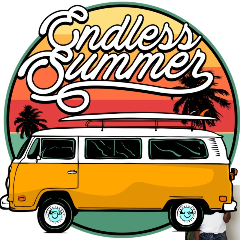 Retro Summer Bus Heat Transfer White Ink Iron - on Patch, Surfing Palm Tree Pattern, Suitable for T - Shirts & Canvas Bags,
