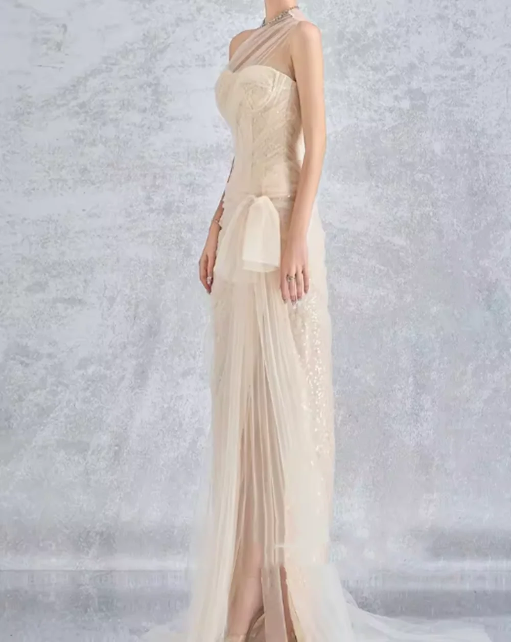 

Customized Chinese Style Tulle Pleat Bow Mermaid One-shoulder Long Dresses Evening Dresses Classic Exquisite Modern Style Pastro