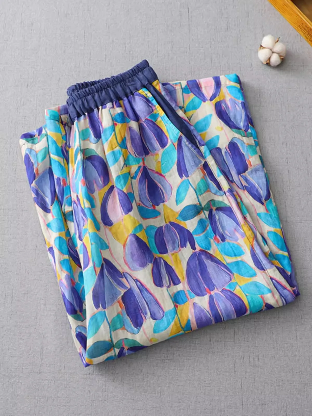 Pantalones de pierna ancha de estilo bohemio para mujer, pantalón largo hasta el tobillo con estampado Floral Vintage literario, novedad de verano, 2024