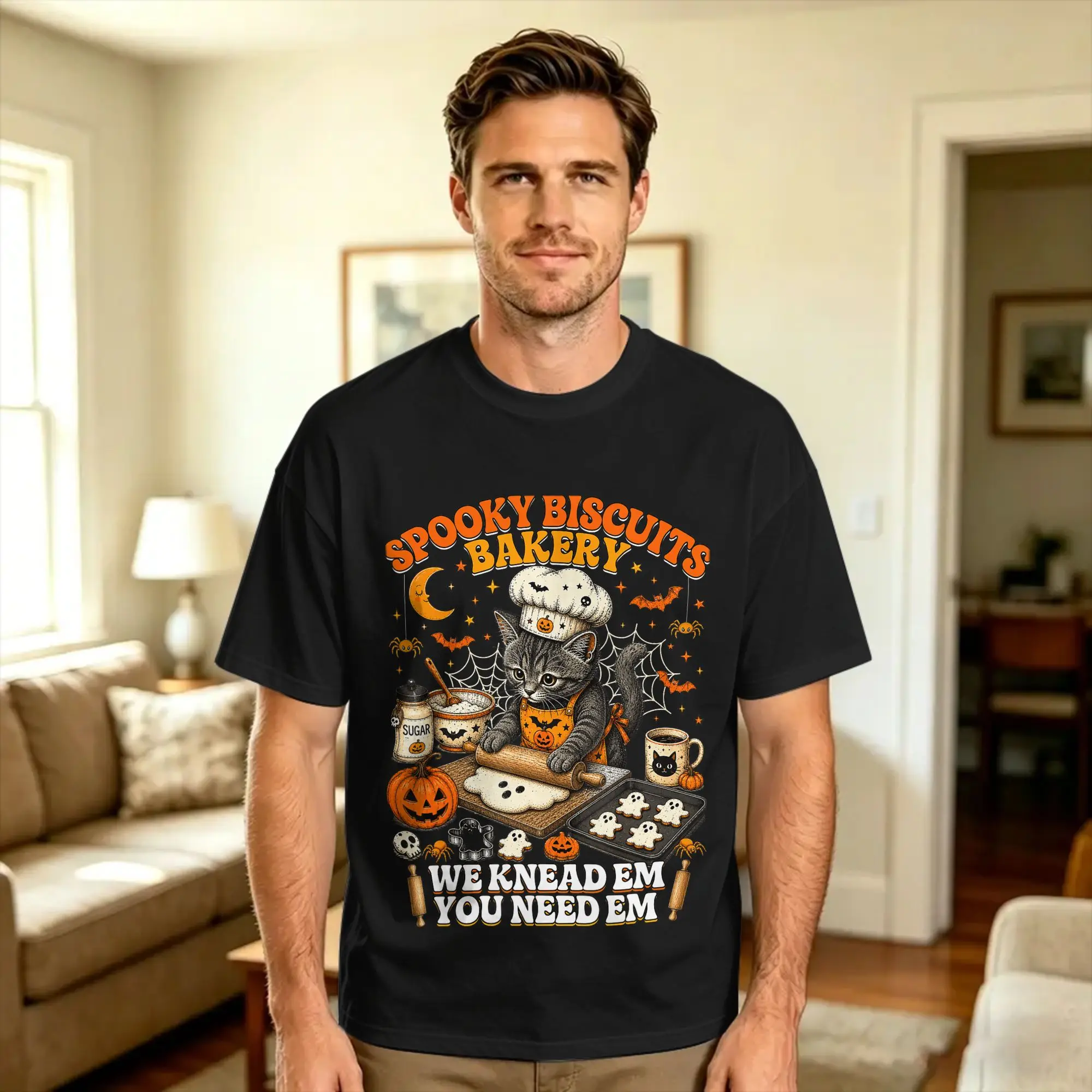 Vintage T Shirt Spooky Biscuits Bakery Funny Black Cat Halloween Pumpkin Pure Cotton T Shirts  Hip Hop Tshirt Short Sleeve Tops,