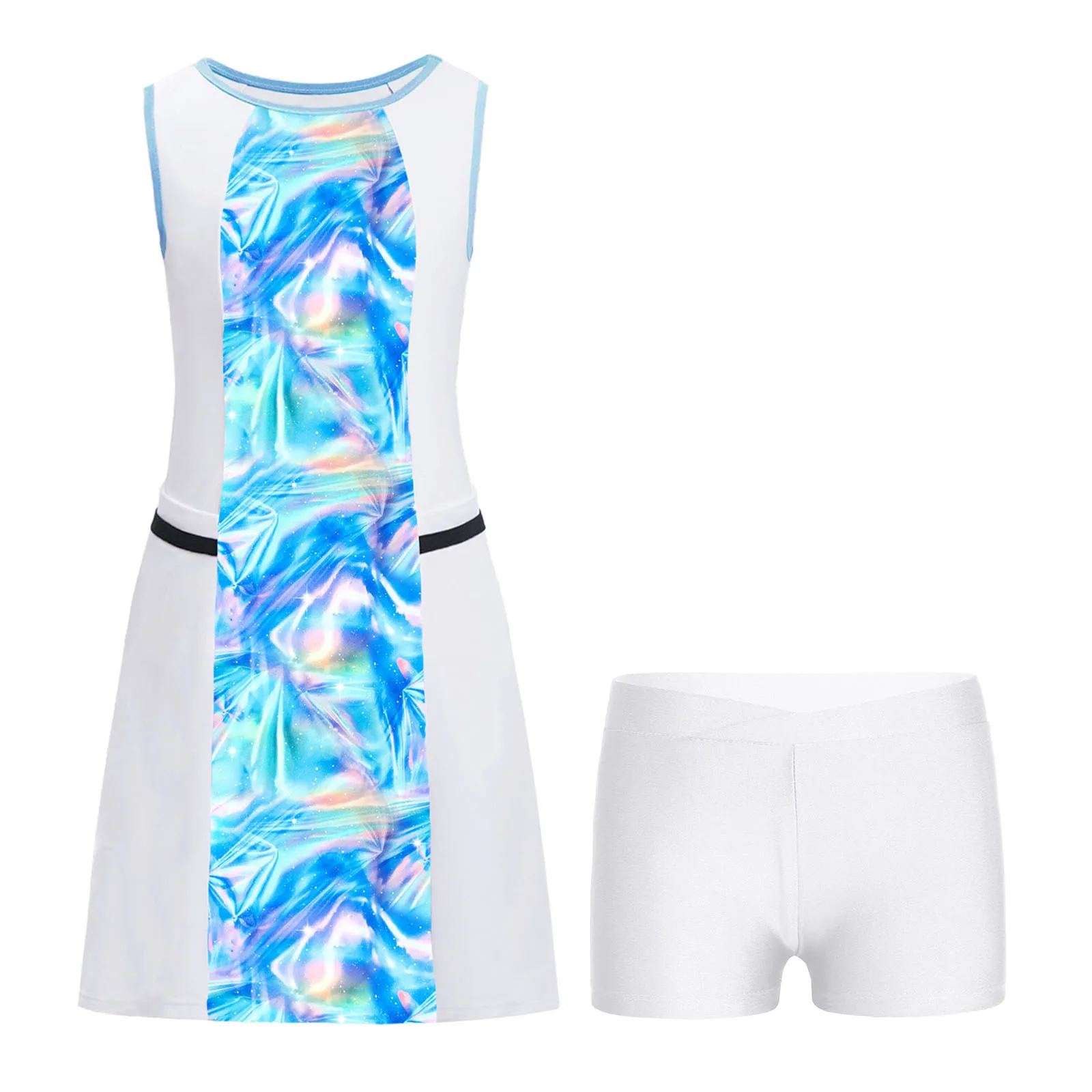 

Kids Girls 2pieces Summer Sportswear Set Tennis Sports Sleeveless Tank Dress Stylish Printed Patchwork Sundress with Shorts