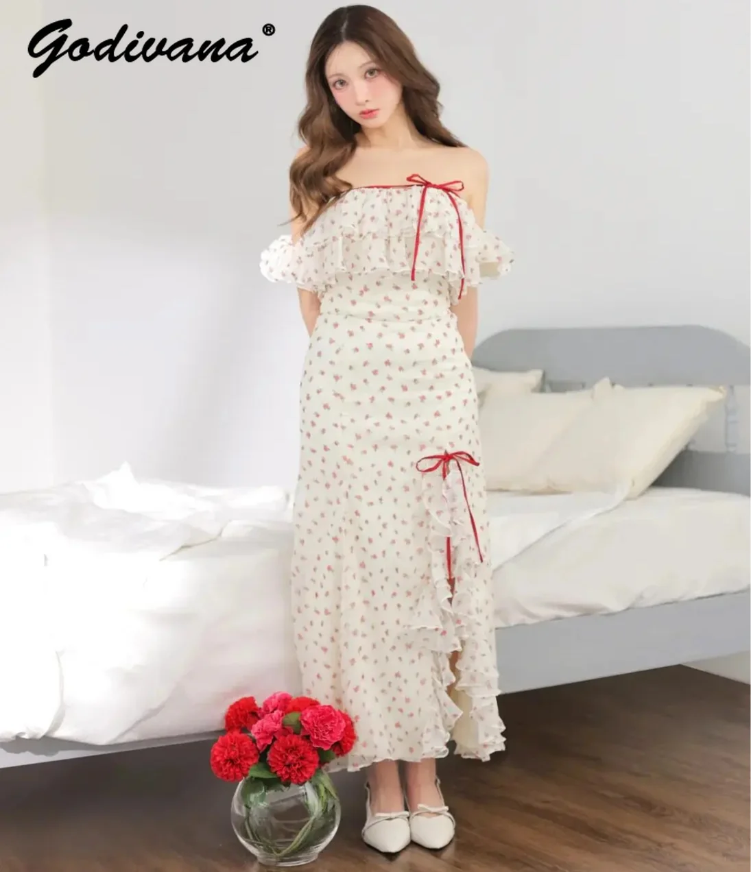 Japanese Style New Summer Ladies Sweet Ruffled Edge Strapless Floral Top High Waist Split Long Skirt 2 Piece Elegant Skirt Suits
