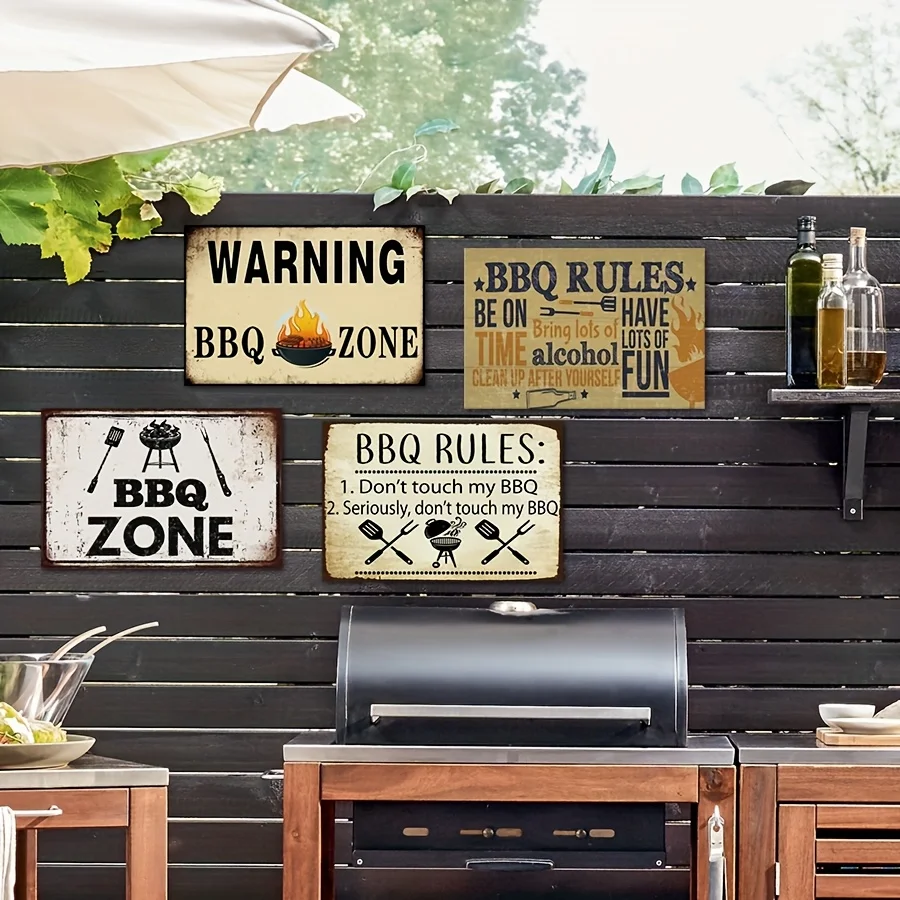 4pcs Funny BBQ Rules Metal Signs- 30X20 Cm Vintage Wall Decor For Man Cave, Patio, Garden, Bar& Kitchen- No Electricity Outdoor