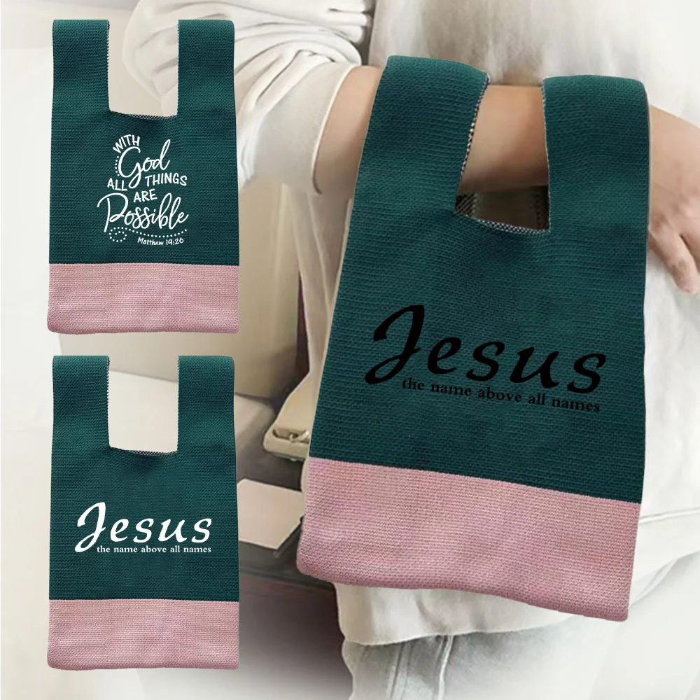 Knit Handbag Woven Knot Storage Bag Wrist Tote Bags Pouch Portable Purse Large Capacity Handbags Jesus Letter Printed Series