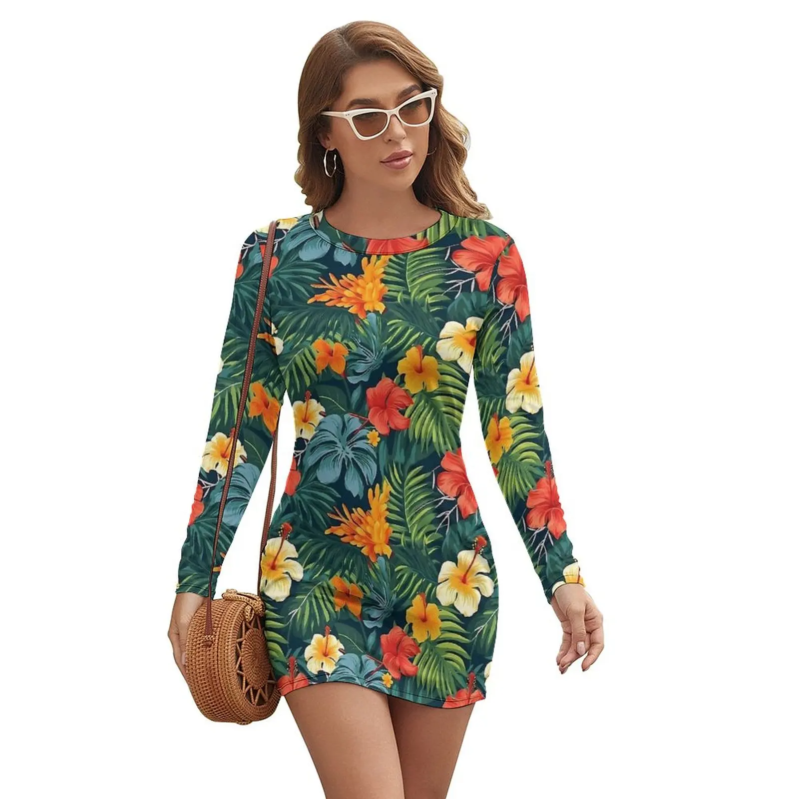 Tropical Flower Dress Long Sleeve Floral Art Retro Dresses Summer Woman Streetwear Graphic Bodycon Dress Big Size