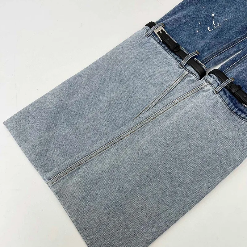 Hipster Denim Jeans Women Patchwork Wide Leg Pants Runway Luxury Stitch Straight Trousers Knee Belt Street Stylish Harajuku 2026