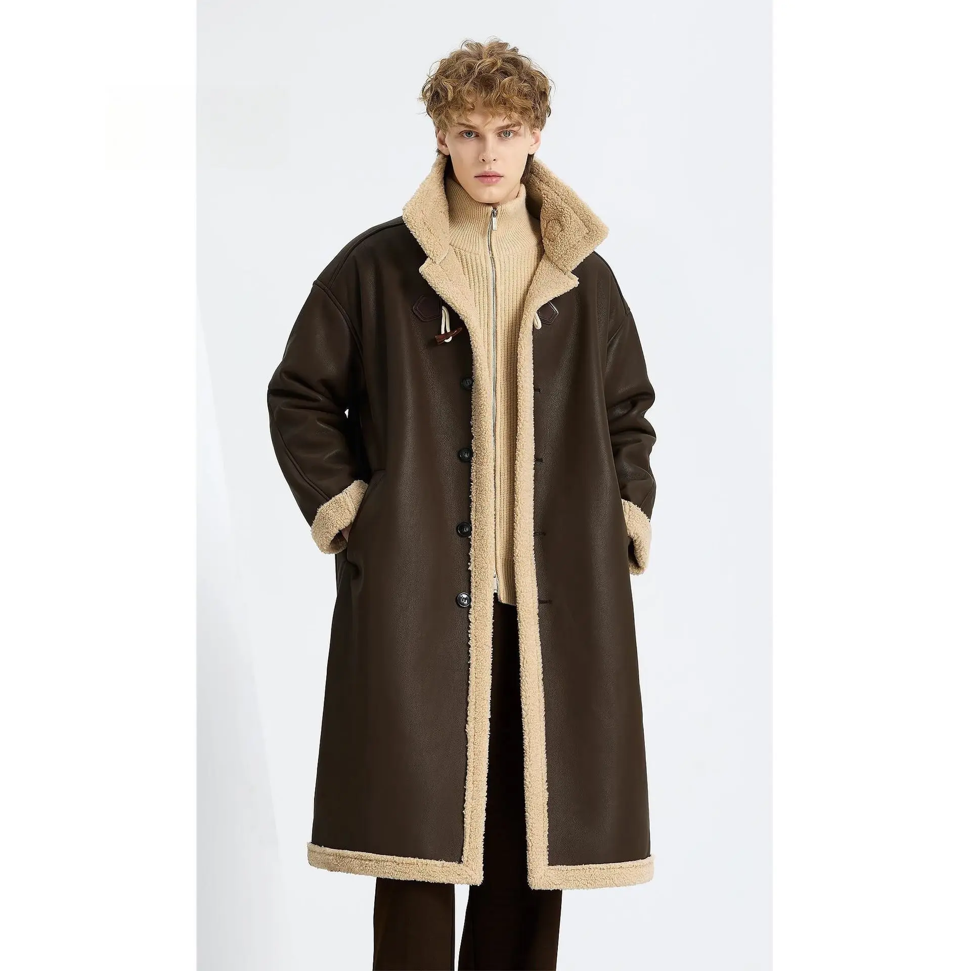 Longline Shearling Men's Jackets For-10°C, Vintage Thickened Fleeced Lined Mans Coats, Oversized Streetwear Men Parkas