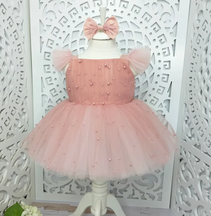 

New Tailored Baby Girls Dresses Full Pearls Layers Tulle Square Neck Puff Sleeve Wedding Flower Girl Dress Kid Tutu Outfit