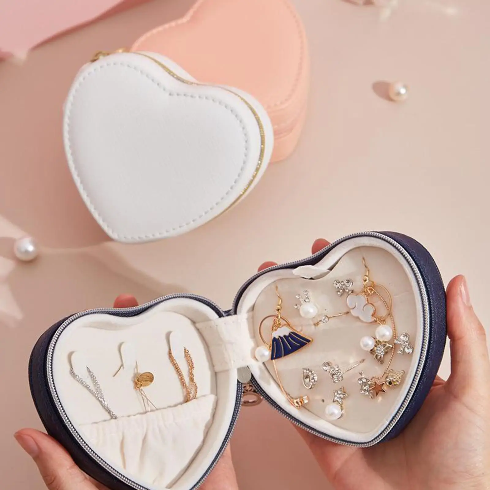 PU Heart Shape Portable Necklace Earrings Storage Case Organizer with Zipper