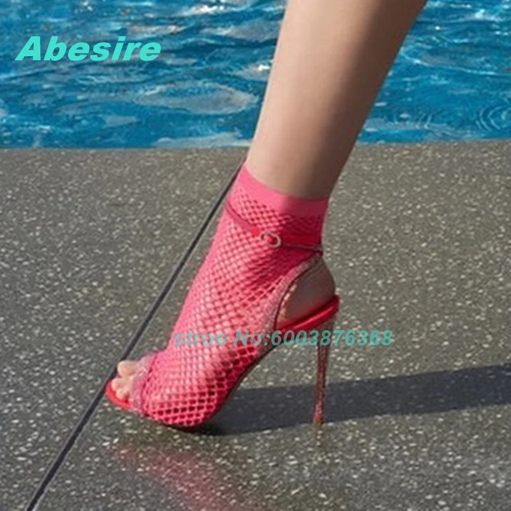 Slingback Strap Ankle Buckle Women's Sandals Red Mesh Open Toe Stiletto Heels Sandals Summer Sexy Y2K Nightclub Party Sandals - view 4
