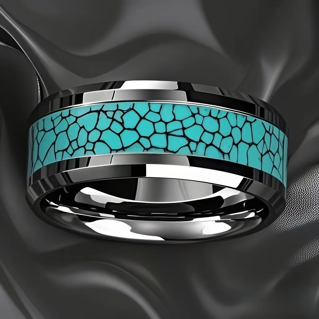 Wholesale 8MM Inlay Men Blue Turquoise Rings Beveled Edge Stainless Steel Rings for Men Women Wedding Engagement Band Jewelry