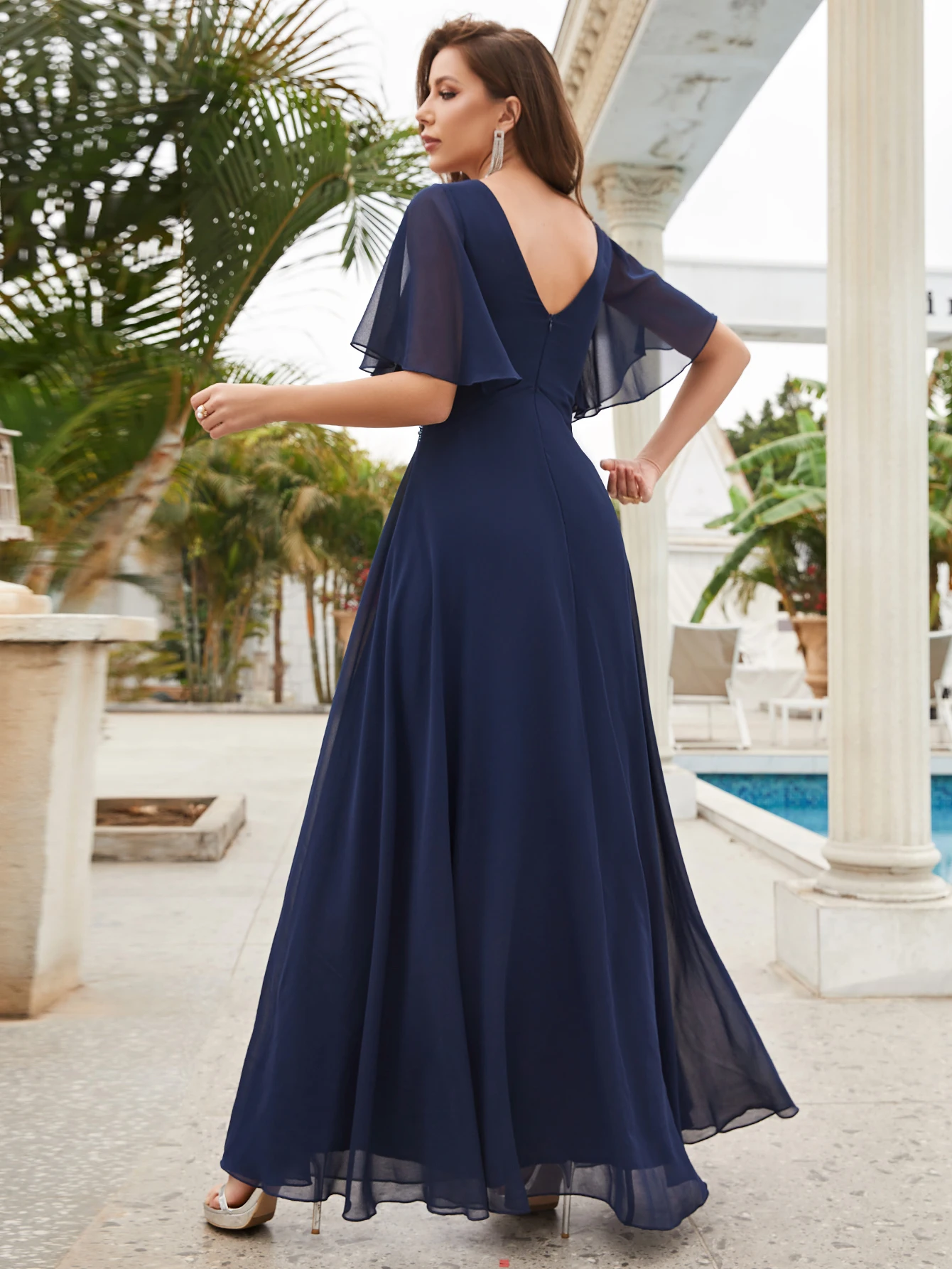 Vestido de dama de honor de gasa con mangas de mariposa y lentejuelas en contraste, elegante vestido para la madre de la novia