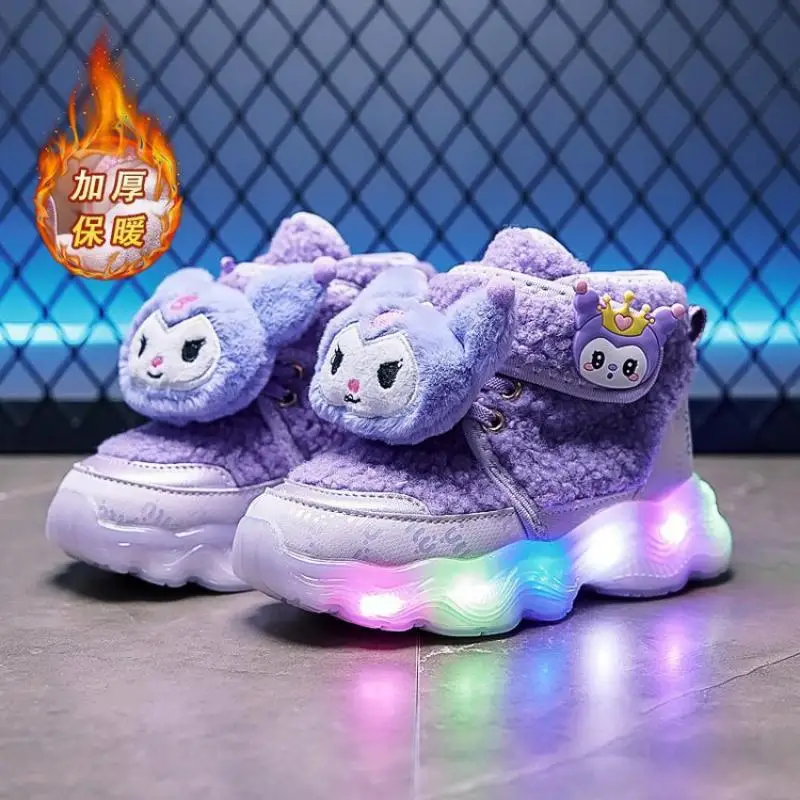 Sanrios Girl Luminous Shoes Boots Kuromi Anime Winter New Child Shoe Keep Warm High Soft Bottom Wear Outside Cotton Shoes