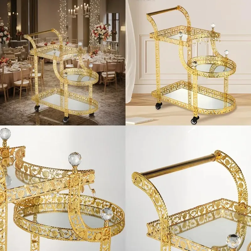 3 Tier Gold Metal Dining Cart Hotel Party Wedding Meal Wine Trolley