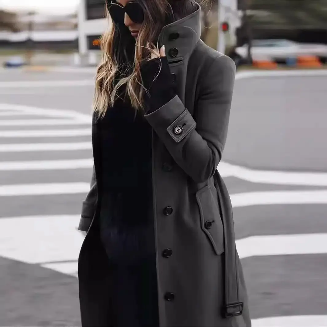 Autumn Winter Warm Women's Woolen Coat Loose Single Row Button Collar Jacket Long Sleeve Mid-Length Cotton Blend Overcoat