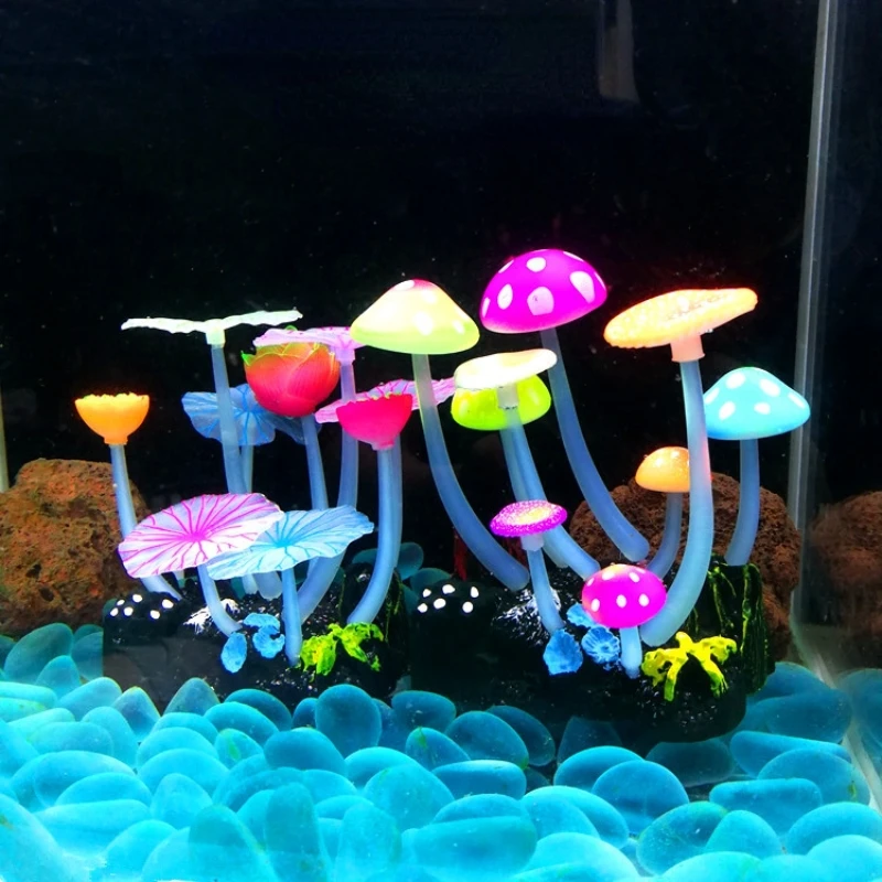 Aquarium Fluorescent Mushroom Lotus Fish Tank Simulation Decoration Water Plant Artificial Luminous Decor Bottom Suction Cup