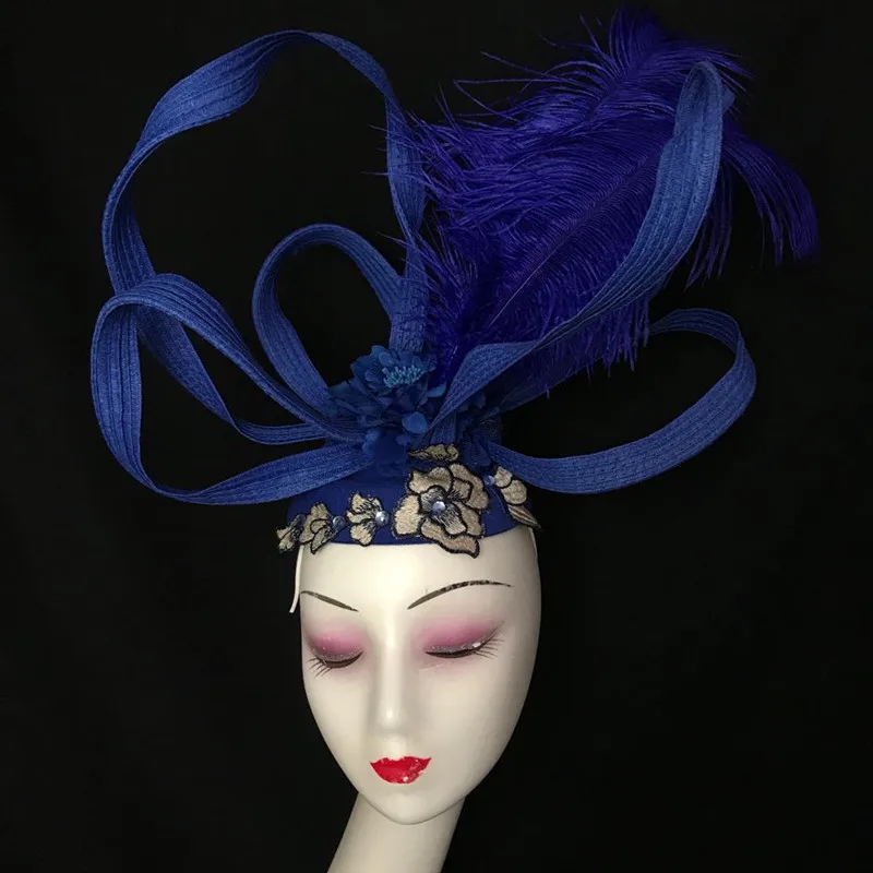Chinese Style Model Walking Show Blue Styling Personality Atmosphere Stage Makeup Creative Feather Headwear