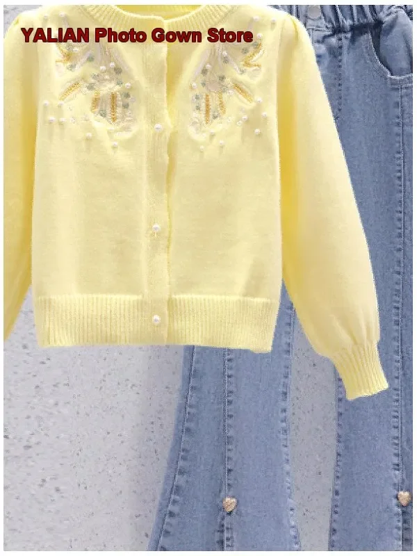 Girls Two-Piece Set Kids Spring Autumn Traditional Chinese Style Embroidered Knit Jacket Pants Older Kids