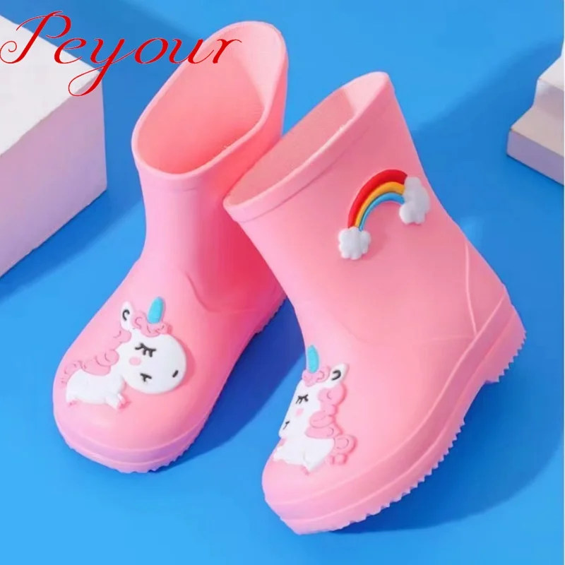 Simpatico cartone animato unicorno arcobaleno Slip On stivali da pioggia per ragazze, stivali da pioggia antiscivolo impermeabili per viaggi