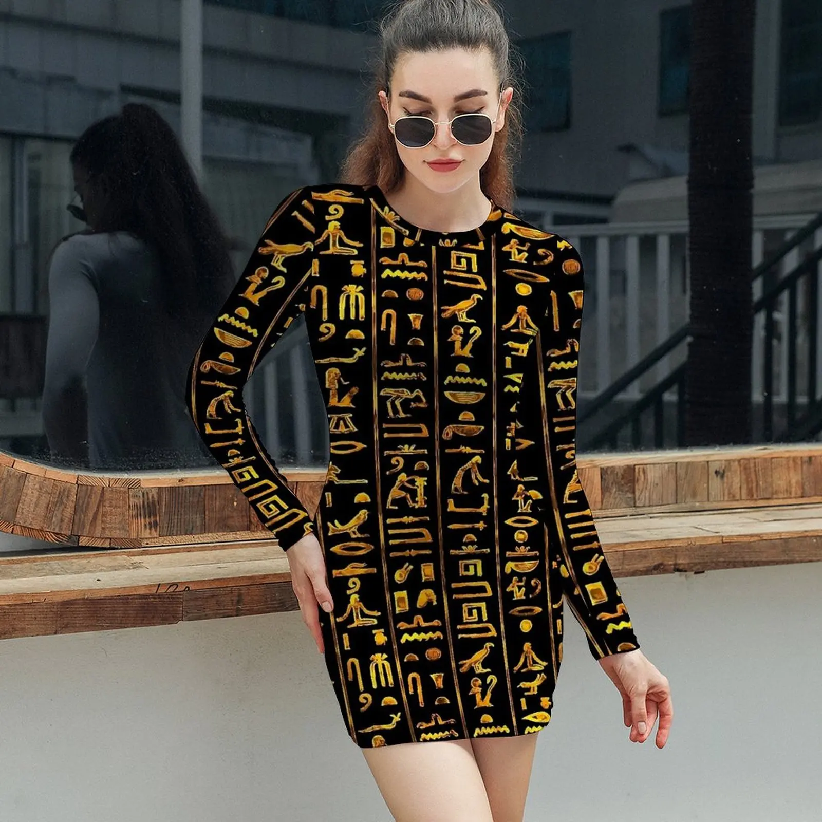 Alte ägyptische Kunst Hieroglyphen Kleid Langarm ästhetische Kleider Herbst Sexy figurbetontes Kleid Frau Grafik Oversize Vestidos