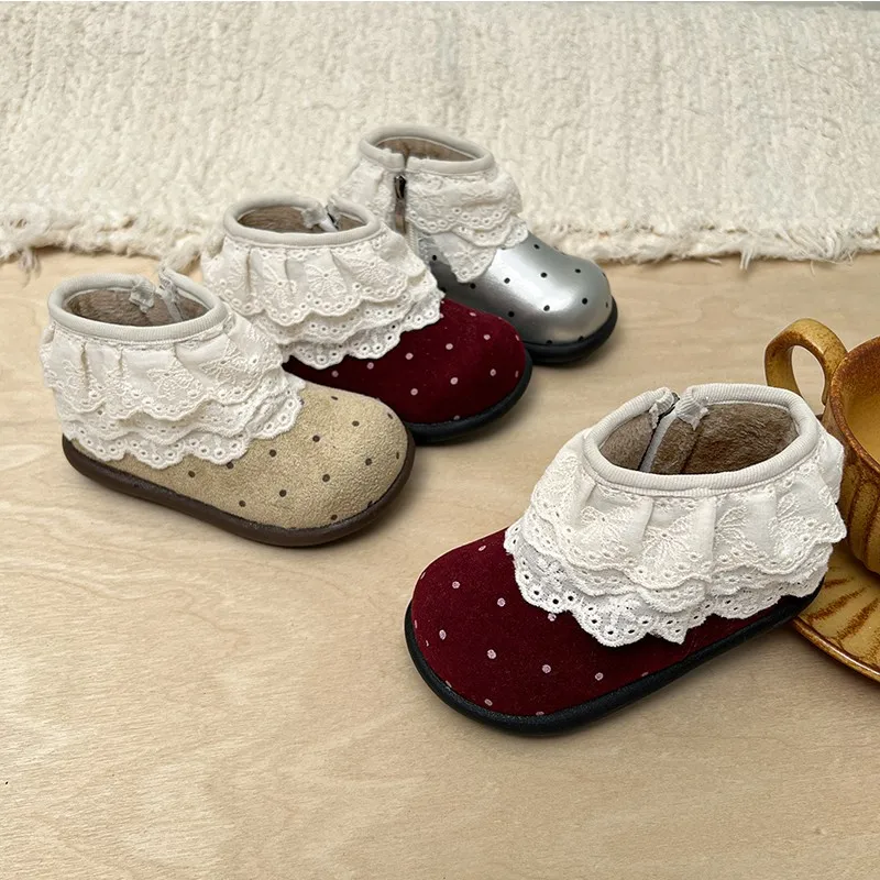 

Children's Cotton Boots Korean Fashion New Cute Lace Polka Dot Decoration Girls Anti Slip Soft Sole Outdoor Warm Cotton Shoes