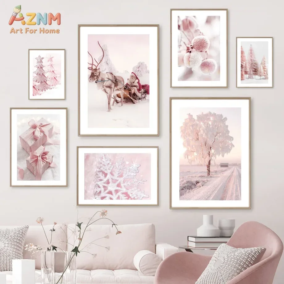 AZNM Soft Pink Winter Christmas Canvas Wall Art Santa Reindeer Snowy Frost Tree Scenery Print Unframed Canvas Painting for Xmas