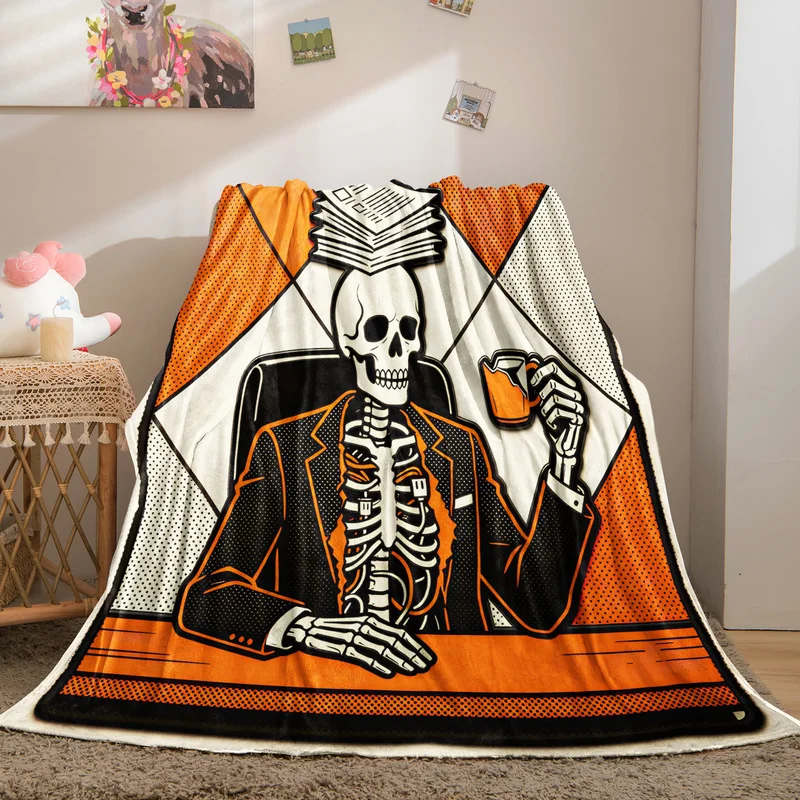 Gothic Office Skeleton Flannel Blanket Cartoon Skull Worker Print Throw Blanket Fashion Warm Blankets Sofa Bed Home Decor Gift