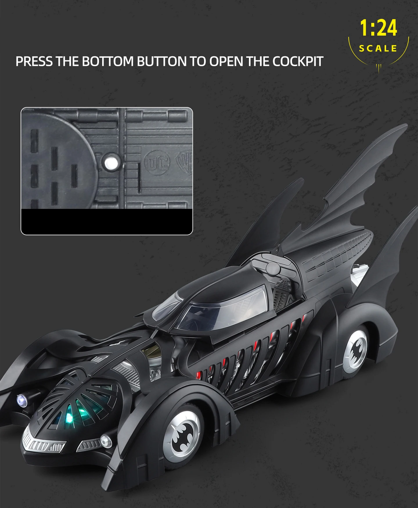 1/24 Classic Movie Car 1995 Batmobile Concept Bat Sports Car Model Alloy Metal Racing Vehicle Car Model Sound Light Kid Toy Gift