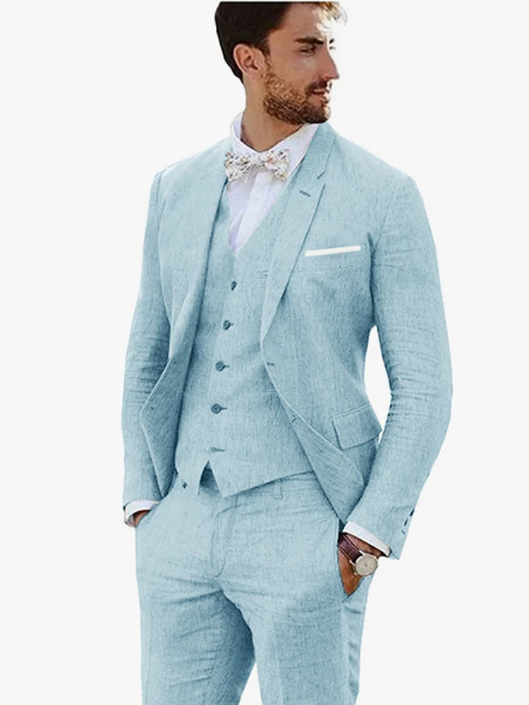 Costumes de mariage à simple boutonnage en lin pour hommes, tenue de marié élégante, tout ce qui est personnalisé, meilleure tenue brodée, 3 pièces