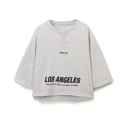 Tangada 2024 Summer Women Gray Letter Sweatshirts Oversize Short Sleeve Loose 85% Cotton Pullovers 6H0255