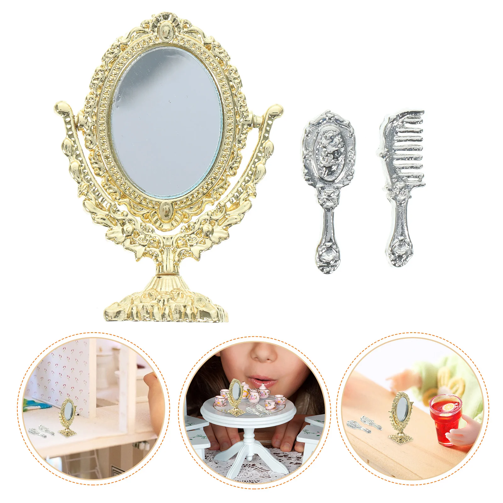 Dolls Dollhouse Mirror Vintage Ornaments Furniture Miniature Dressing Alloy Makeup Mirrors Models