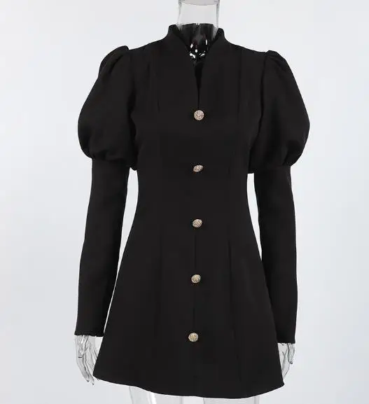 

Womens Dresses 2026 New Spring Solid Color Elegant Single-Breasted V-Neck Bubble Sleeve Commute Office Lady A-Line Mini Dress