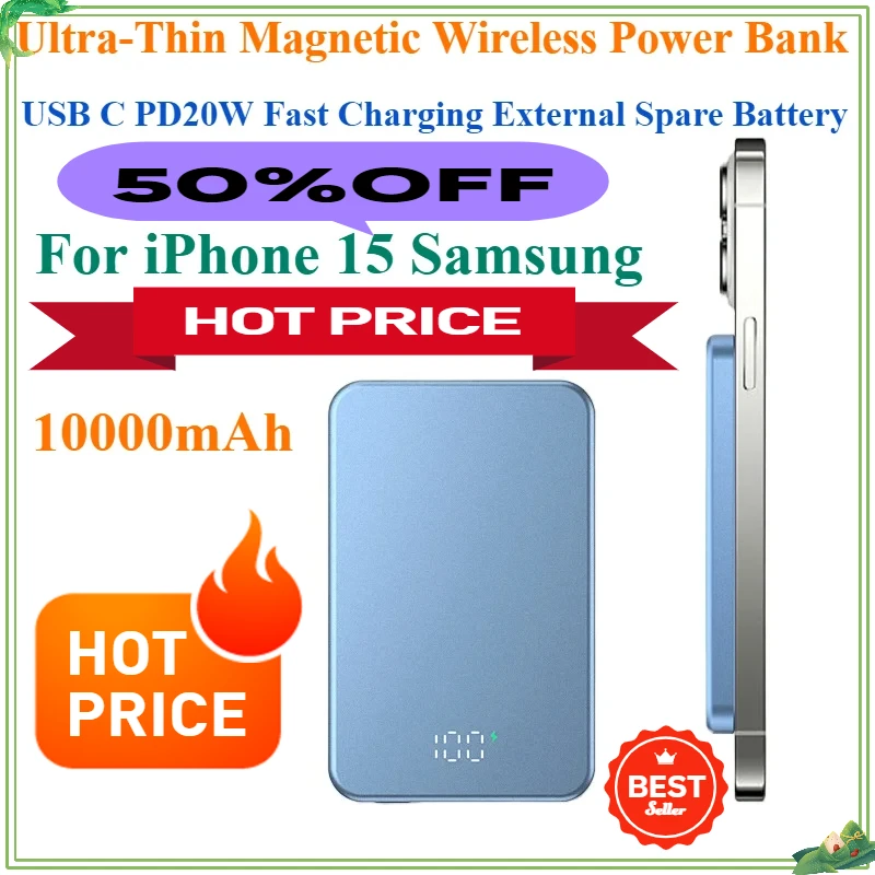 Ultra-Thin Magnetic Wireless Power Bank 5000mAh USB C PD20W Fast Charging External Spare Battery 10000mAh for IPhone 15 Samsung