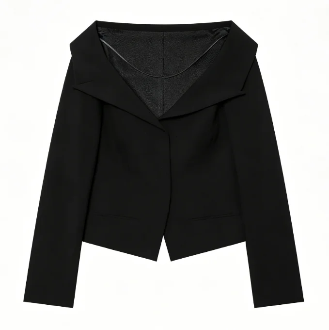 Oversized Wide Lapel Cropped Blazer Hidden Single Button Slim Waist Long Sleeve Black Irregular Hem Short Suit Jacket 20260602