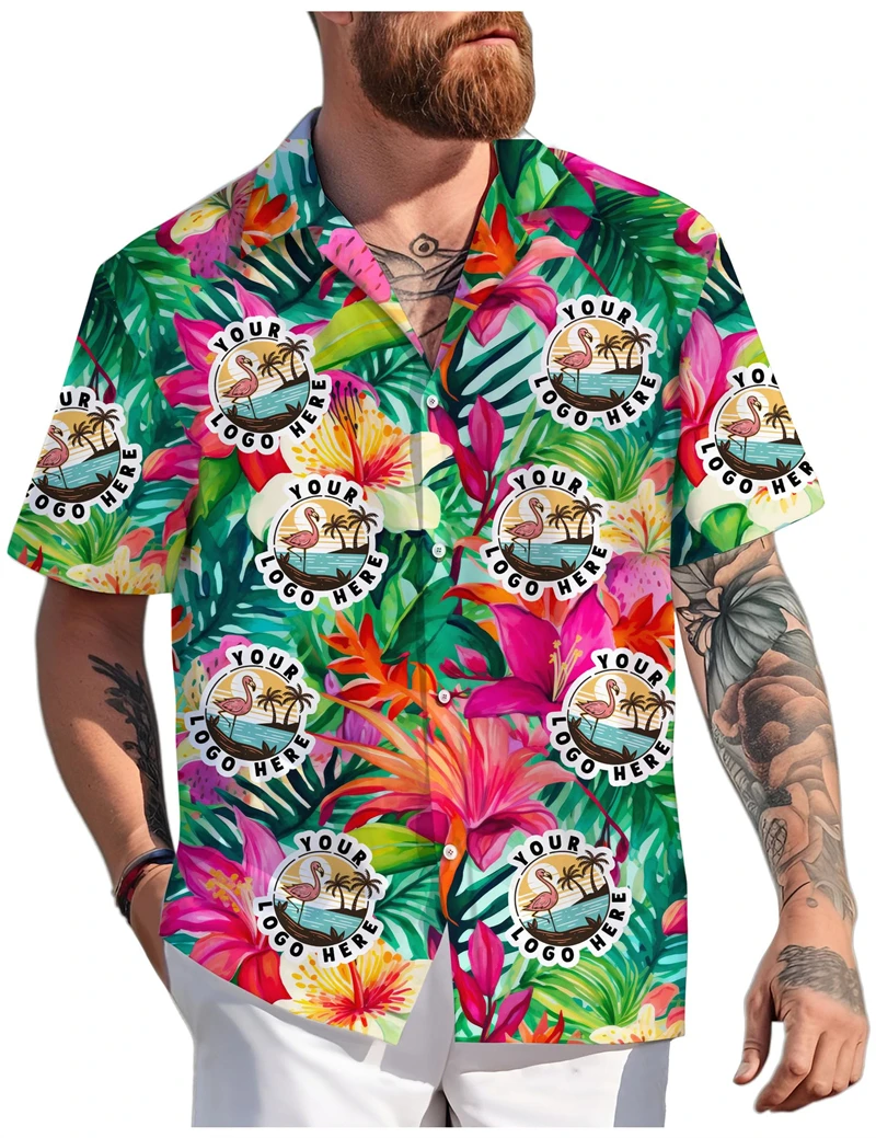 

Custom Logo Hawaiian Shirts Summer Fashion Short Sleeve Personalized 3D Printed Shirt Loose Breathable DIY Lapel Button Blouses
