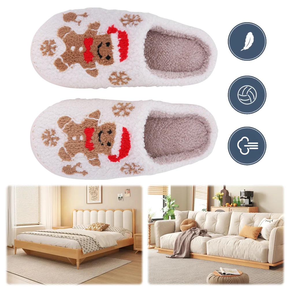 Christmas Gingerbread Man Slippers Flat Thermal Slippers Comfortable Furry Snowflake Slippers Anti Slip for Autumn Winter