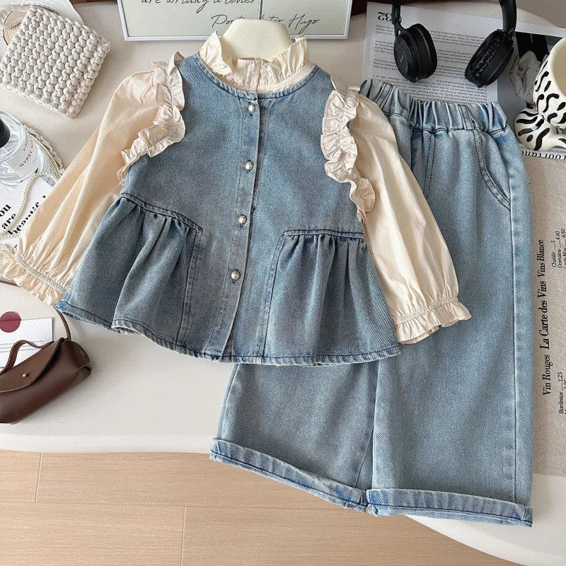 

New Girls' Spring Outfit Stylish Children's Shirt Princess Fashion Trendy Denim Vest Three-Piece Set