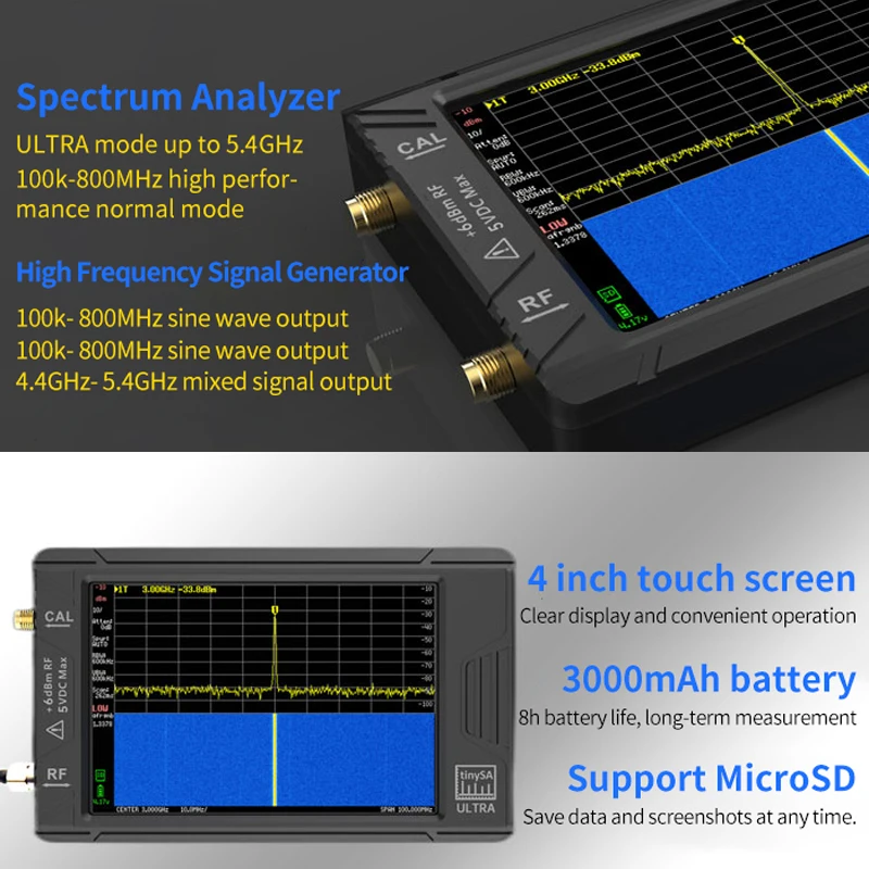 100 K-5.4GHz Ultra TinySA Handheld Spectrum Analyzer 4 Inch Touch Screen Tinysa Ultra Spectrum Analyzers with Battery