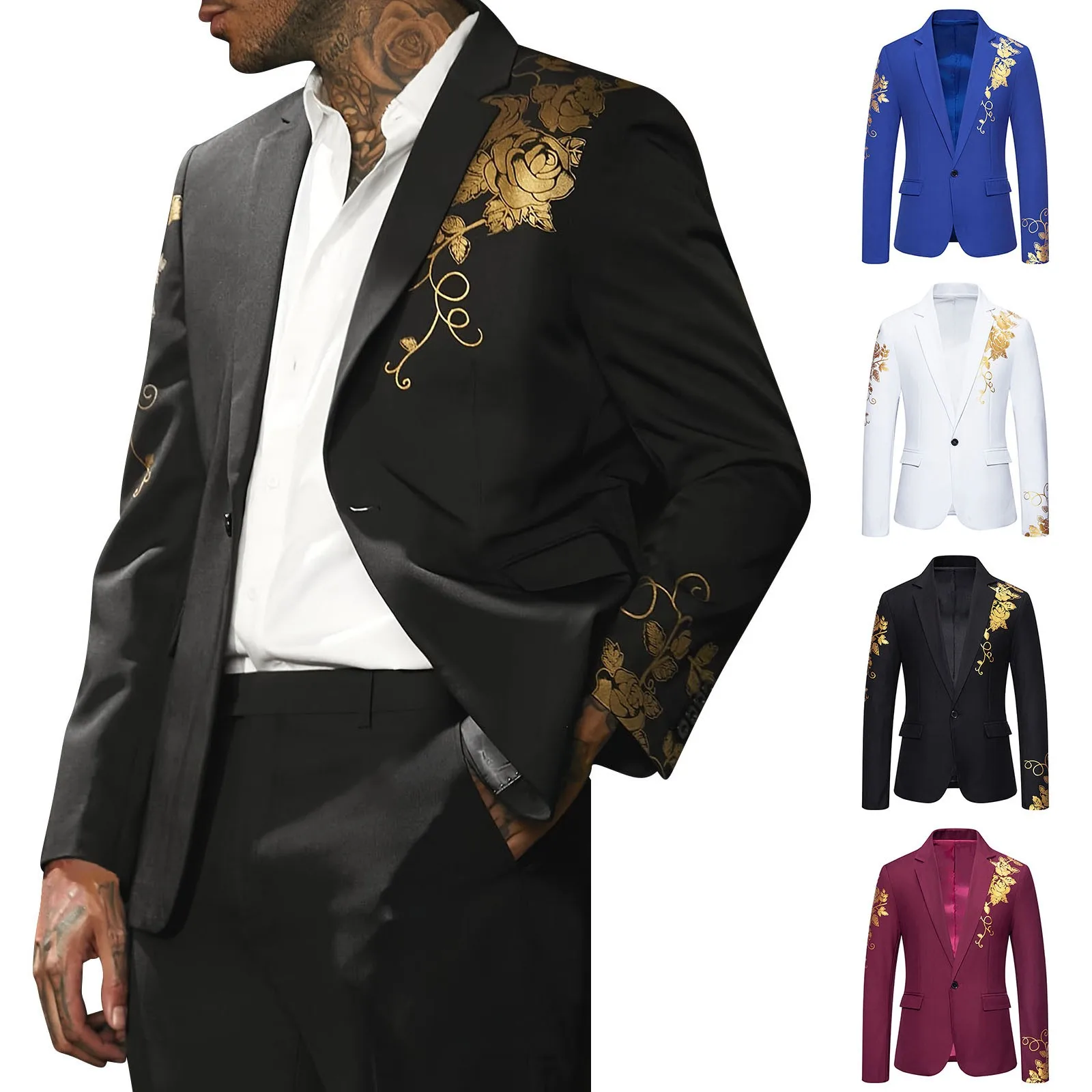 Gold Applique Suits For Men White High-End Smoothy One Button Lapel Wedding Slim Fit Party Dress Man\'S Business Formal Jacket